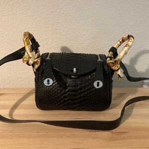 Black Python Textured Handbag with Scarf Accents silver 19cm